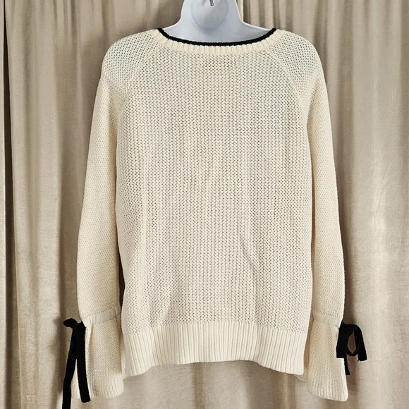 NWOT LOFT white open knit bell sleeve ribbon sweater Womens Medium - Picture 6 of 7